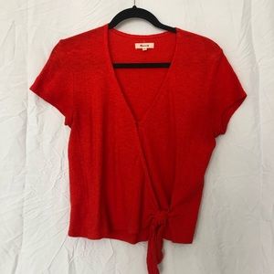 Madewell Short Sleeve Wrap Top, Tie Hem, Bright Red/Orange, Size S